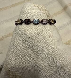 925 Thailand Sterling Silver Multi Color Gemstone Tennis Bracelet Vintage 8” 18g